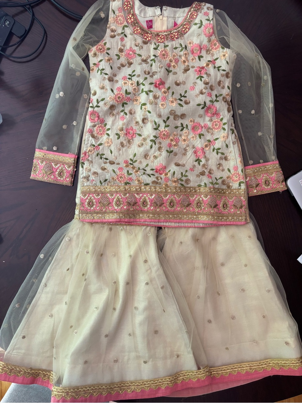 Girls Floral Embroidered Anarkali Set in Ivory & Pink
